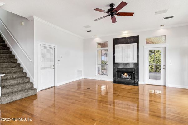 Empty room, Fireplace, Interior, Recessed Lighting, Wood Texture Flooring