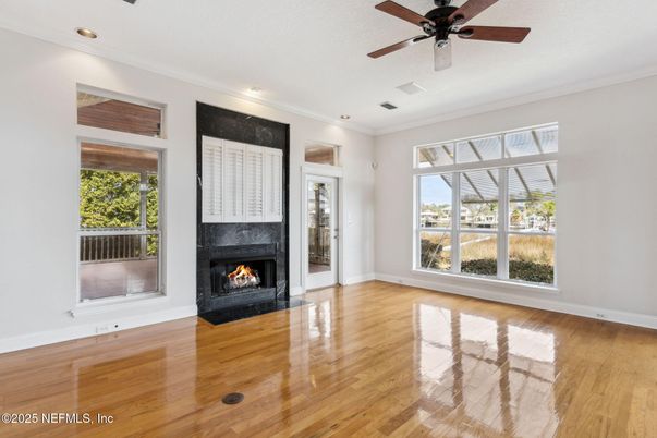 Empty room, Fireplace, Interior, Recessed Lighting, Wood Texture Flooring