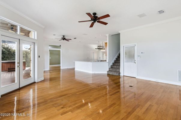 Empty room, Interior, Pendant Lights, Recessed Lighting, Wood Texture Flooring
