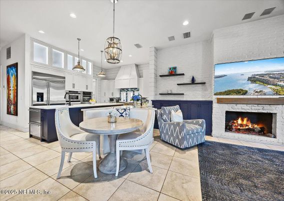 Dining room, Fireplace, Interior, Kitchen, Living room, Pendant Lights, Recessed Lighting, Stainless Steel Appliances
