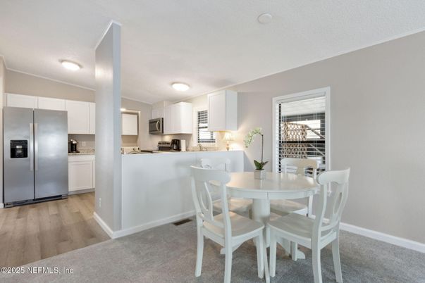 Dining room, Interior, Kitchen, Stainless Steel Appliances, Wood Texture Flooring