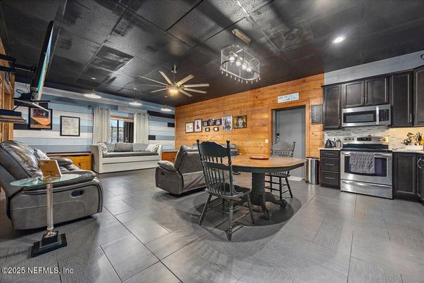 Interior, Kitchen, Living room, Recessed Lighting, Stainless Steel Appliances, Wooden Walls