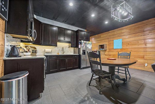 Dining room, Interior, Kitchen, Recessed Lighting, Wooden Walls