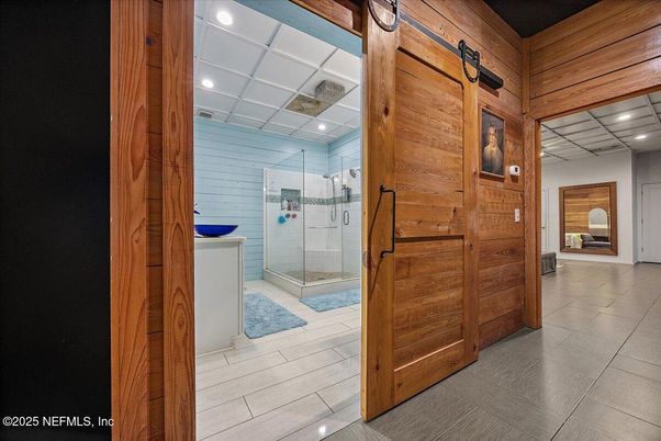 Bathroom, Glass Shower, Interior, Recessed Lighting, Wooden Walls