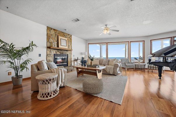 Fireplace, Interior, Living room, Piano, Stone Walls, Wood Texture Flooring