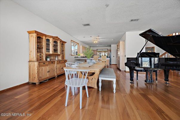 Dining room, Interior, Piano, Recessed Lighting, Wood Texture Flooring