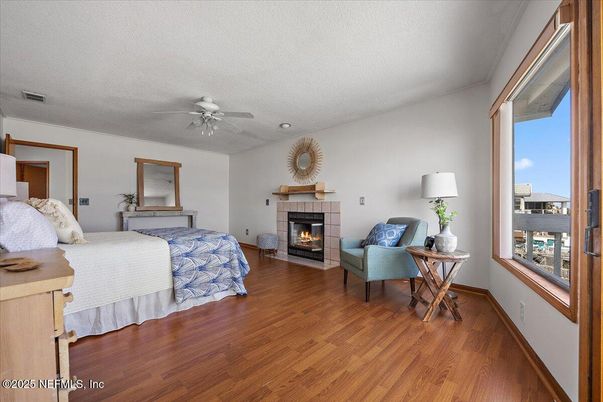 Bedroom, Fireplace, Interior, Wood Texture Flooring