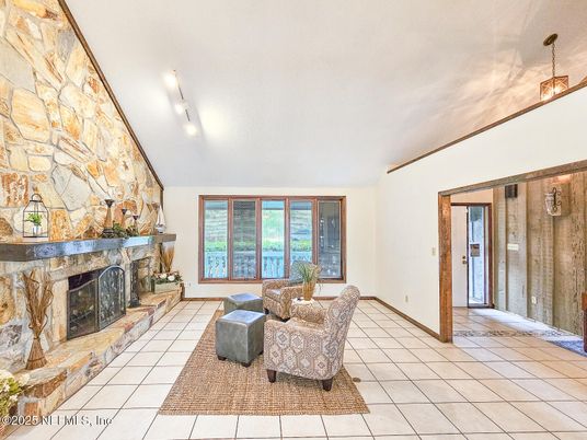Fireplace, Interior, Pendant Lights, Stone Walls