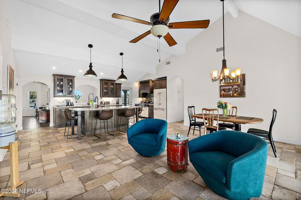 Chandelier, Dining room, Interior, Kitchen, Pendant Lights, Recessed Lighting, Stainless Steel Appliances