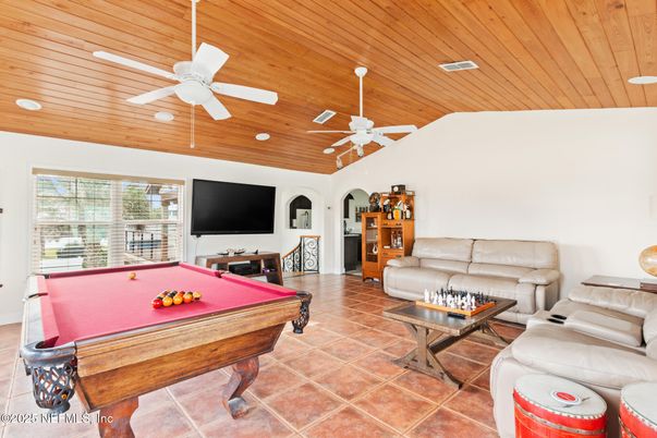 Billiard Table, Game Room, Interior, Living room, Recessed Lighting, Wooden Ceilings