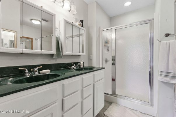 Bathroom, Dual Sink Vanities, Glass Shower, Interior, Recessed Lighting