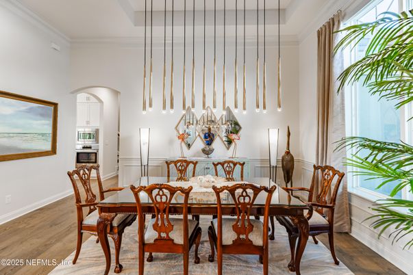 Dining room, Interior, Pendant Lights, Wood Texture Flooring