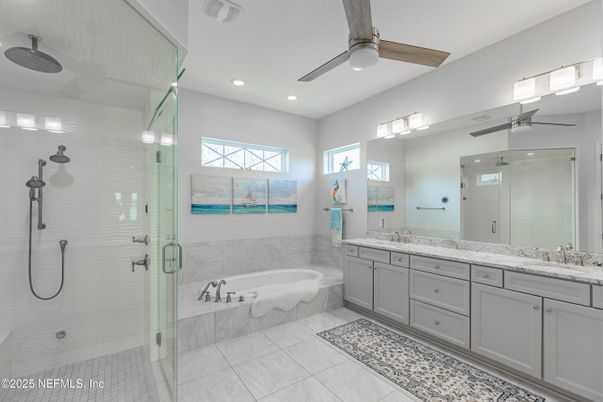 Bathroom, Dual Sink Vanities, Glass Shower, Interior, Recessed Lighting