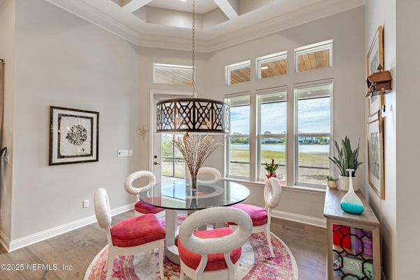 Dining room, Interior, Pendant Lights, Recessed Lighting, Water, Wood Texture Flooring