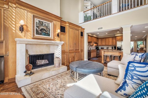 Fireplace, Interior, Kitchen, Living room, Recessed Lighting, Stainless Steel Appliances, Wood Texture Flooring