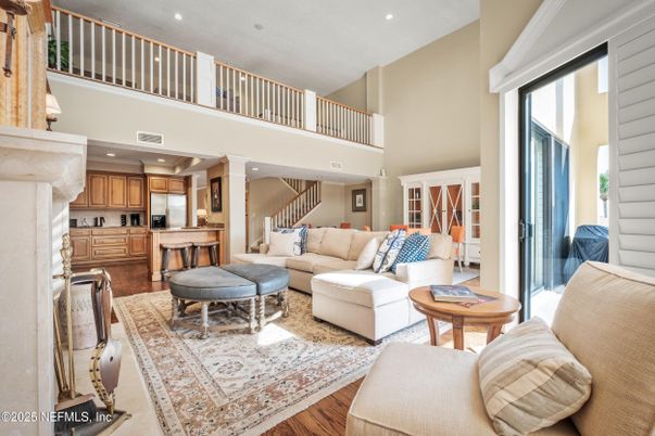 Fireplace, Interior, Kitchen, Living room, Recessed Lighting, Wood Texture Flooring