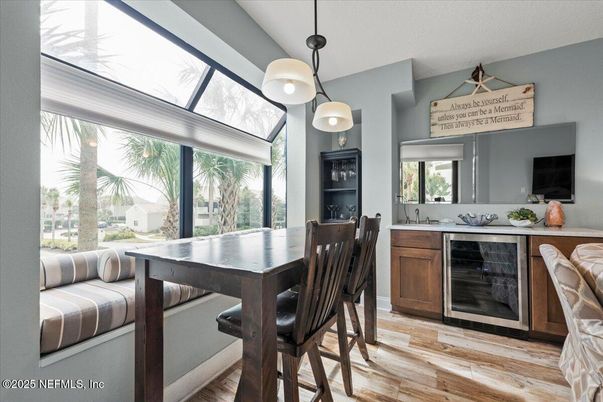 Dining room, Interior, Pendant Lights, Wood Texture Flooring