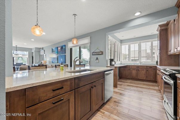 Interior, Kitchen, Pendant Lights, Recessed Lighting, Stainless Steel Appliances, Wood Texture Flooring
