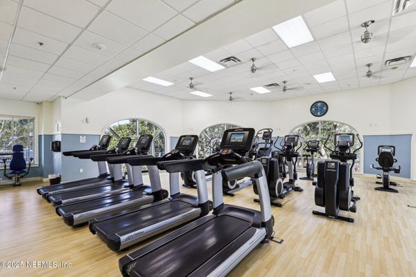 Fitness Equipment, Gym, Interior, Recessed Lighting, Wood Texture Flooring
