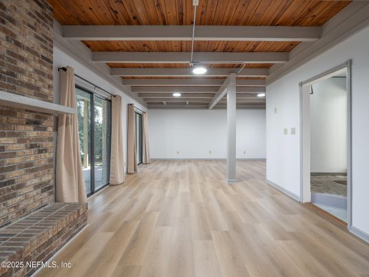 Empty room, Fireplace, Interior, Stone Walls, Wooden Beams, Wooden Ceilings, Wood Texture Flooring