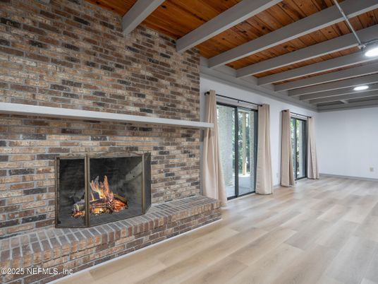 Empty room, Fireplace, Interior, Recessed Lighting, Stone Walls, Wooden Beams, Wooden Ceilings, Wood Texture Flooring