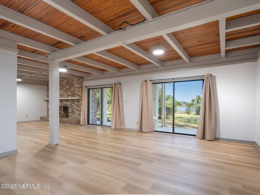 Empty room, Fireplace, Interior, Stone Walls, Wooden Beams, Wooden Ceilings, Wood Texture Flooring