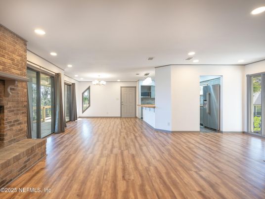 Chandelier, Empty room, Interior, Kitchen, Recessed Lighting, Stone Walls, Wood Texture Flooring