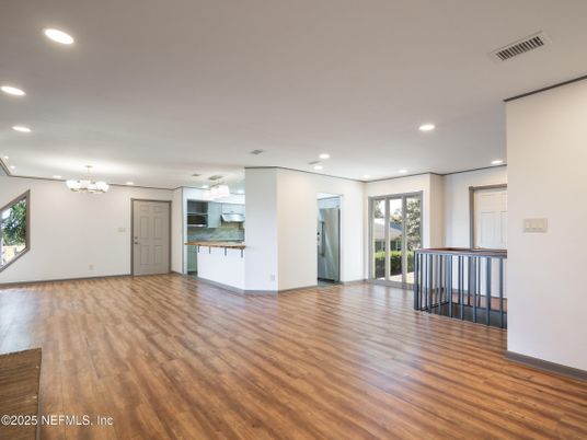 Chandelier, Empty room, Interior, Kitchen, Recessed Lighting, Wood Texture Flooring