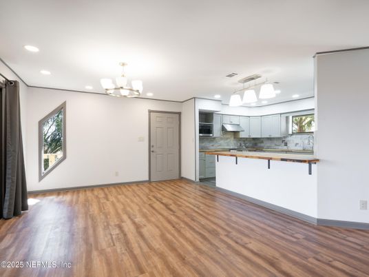 Chandelier, Empty room, Interior, Kitchen, Recessed Lighting, Wood Texture Flooring