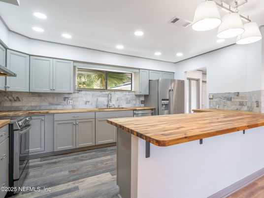 Interior, Kitchen, Recessed Lighting, Stainless Steel Appliances, Wood Texture Flooring
