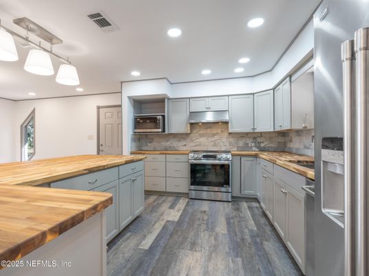 Interior, Kitchen, Recessed Lighting, Stainless Steel Appliances, Wood Texture Flooring