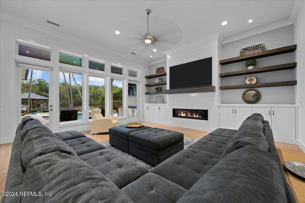 Fireplace, Interior, Living room, Recessed Lighting, Wood Texture Flooring