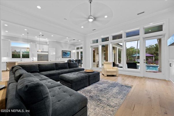 Interior, Living room, Pendant Lights, Recessed Lighting, Wood Texture Flooring