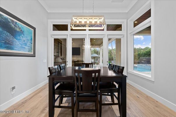 Dining room, Interior, Pendant Lights, Wood Texture Flooring