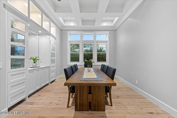 Dining room, Interior, Recessed Lighting, Wood Texture Flooring