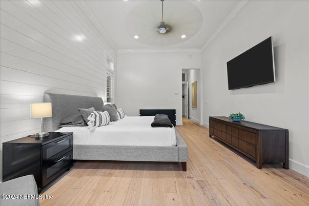 Bedroom, Interior, Recessed Lighting, Wood Texture Flooring