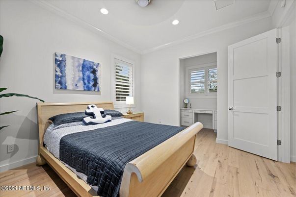 Bedroom, Interior, Recessed Lighting, Wood Texture Flooring