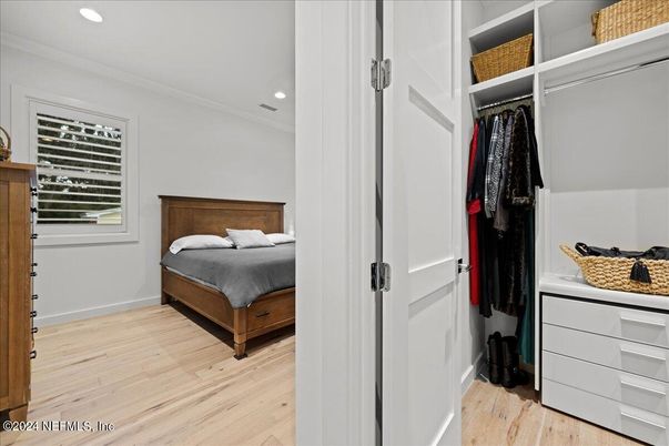 Bedroom, Interior, Recessed Lighting, Wood Texture Flooring