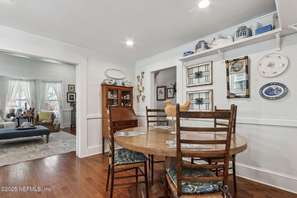 Dining room, Interior, Recessed Lighting, Wood Texture Flooring