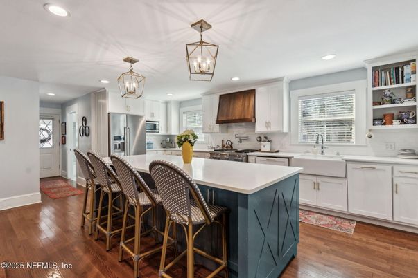 Interior, Kitchen, Pendant Lights, Recessed Lighting, Stainless Steel Appliances, Wood Texture Flooring