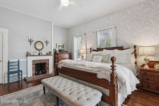 Bedroom, Fireplace, Interior, Wood Texture Flooring