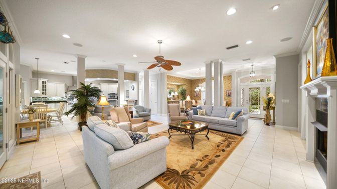 Dining room, Fireplace, Interior, Living room, Pendant Lights, Recessed Lighting