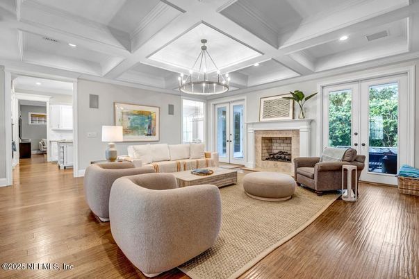 Fireplace, Interior, Living room, Pendant Lights, Recessed Lighting, Wood Texture Flooring