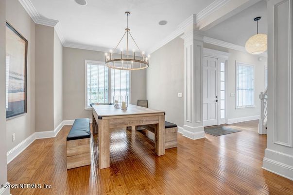 Dining room, Interior, Pendant Lights, Wood Texture Flooring