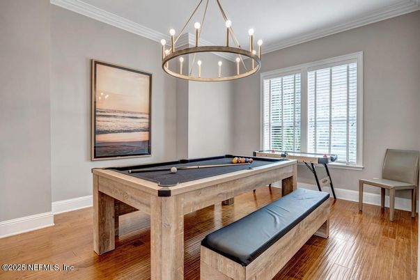 Billiard Table, Game Room, Interior, Pendant Lights, Wood Texture Flooring
