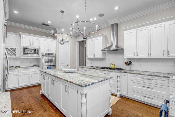 Interior, Kitchen, Pendant Lights, Recessed Lighting, Stainless Steel Appliances, Wood Texture Flooring