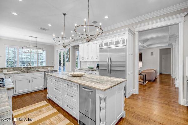 Chandelier, Interior, Kitchen, Pendant Lights, Recessed Lighting, Stainless Steel Appliances, Wood Texture Flooring