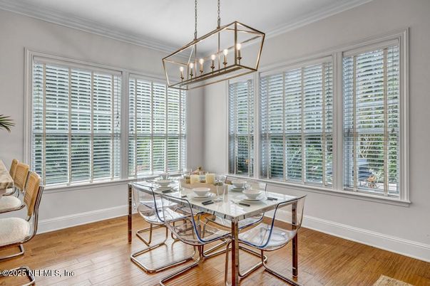 Dining room, Interior, Pendant Lights, Wood Texture Flooring