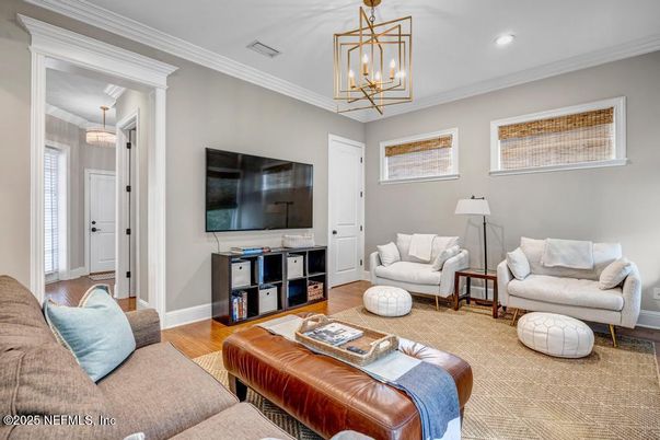 Interior, Living room, Pendant Lights, Recessed Lighting, Wood Texture Flooring
