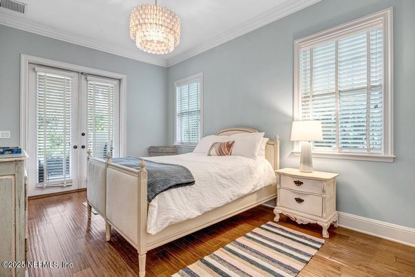 Bedroom, Chandelier, Interior, Pendant Lights, Wood Texture Flooring